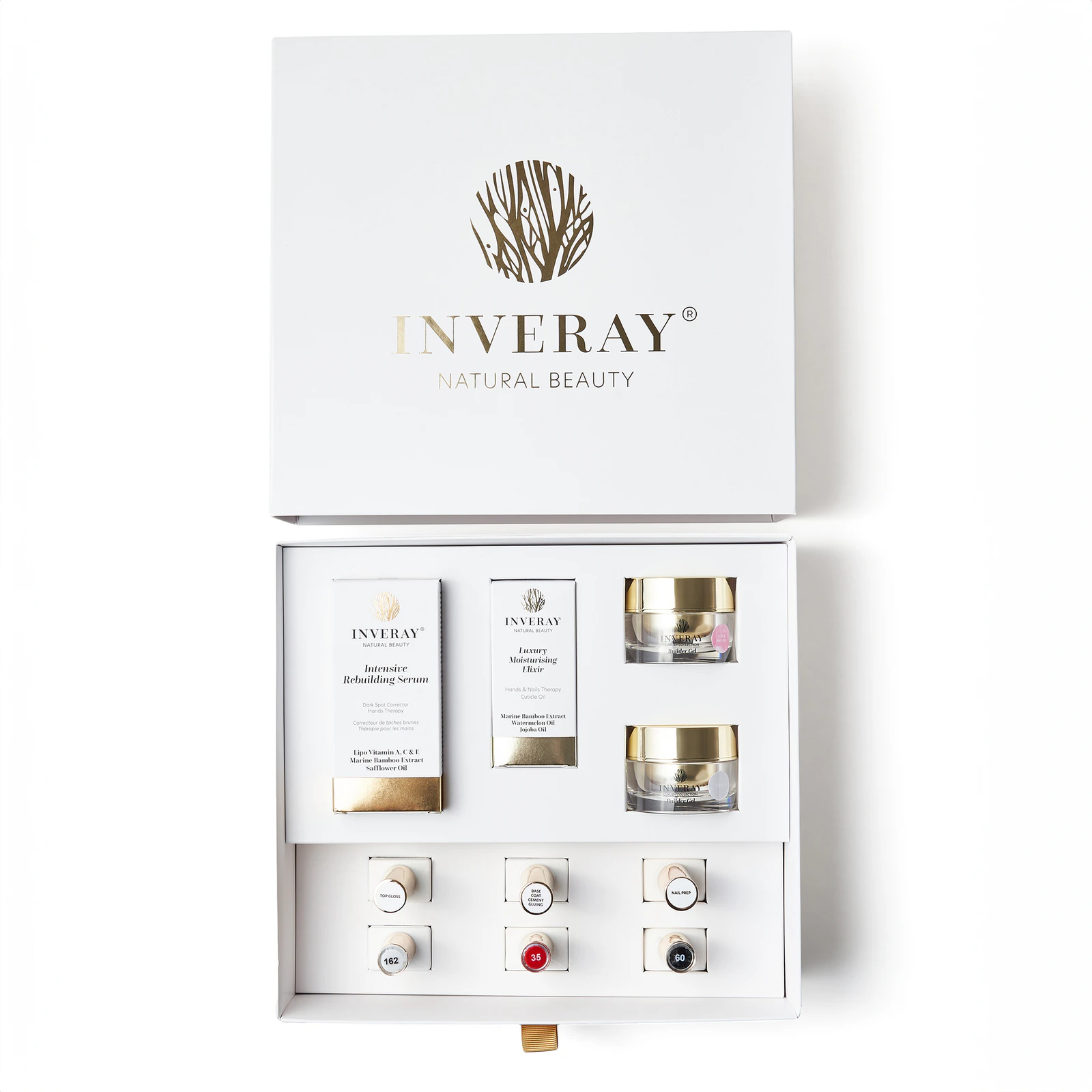 Starter kit INVERAY: 3 colori, base, top, nail prep, siero e 3 elisir Starter kit INVERAY: 3 colori, base, top, nail prep, siero e 3 elisir